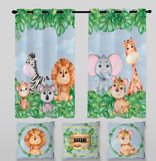 Kit Cortina Quarto Safari + 3 Capas Almofadas 2,60 X 1,50