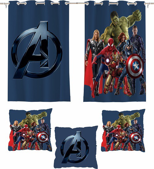 Kit Cortina Quarto Avengers + 3 Capas Almofadas 2,60 X 1,50