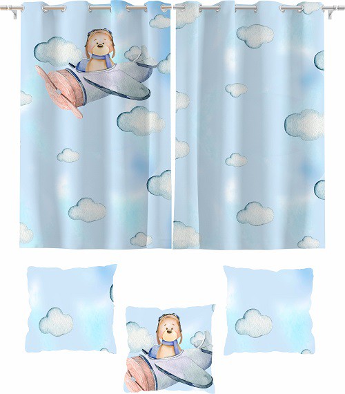 Kit Cortina Quarto Ursinho Aviador + 3 Capas Almofadas 2,60 X 1,50