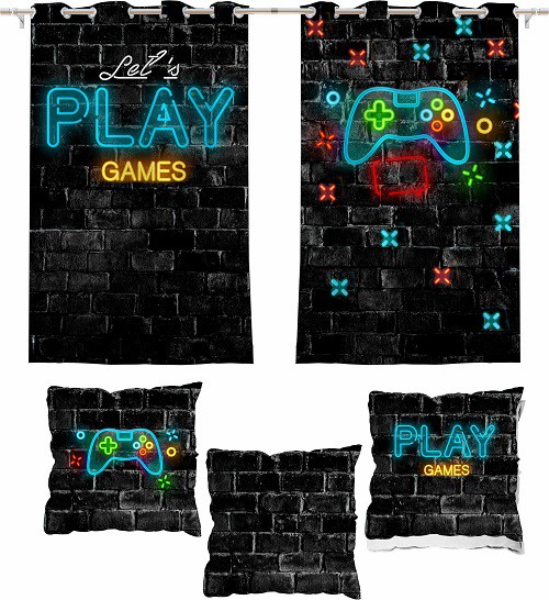 Kit Cortina Quarto Games + 3 Capas Almofadas 2,60 X 1,50