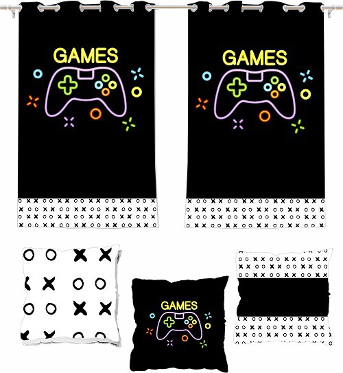 Kit Cortina Quarto Games + 3 Capas Almofadas 2,60 X 1,50