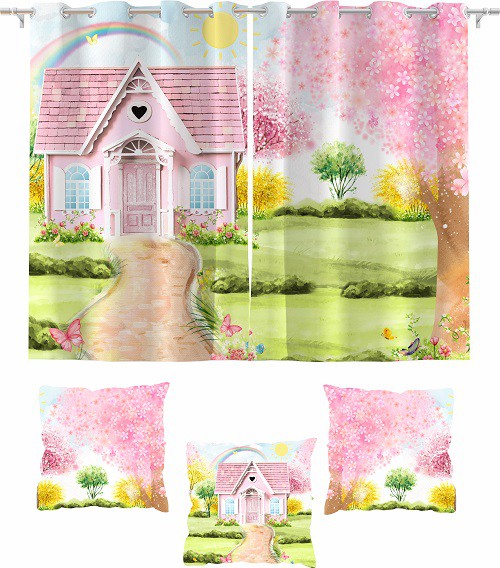 Kit Cortina Quarto Jardim + 3 Capas Almofadas 2,60 X 1,50