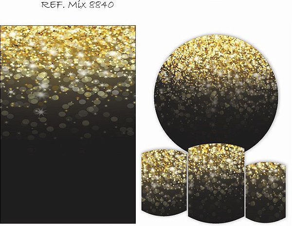 Painel Redondo Sublimado Preto Com Glitter + Trio de Cilindros Veste Fácil + Painel Lateral