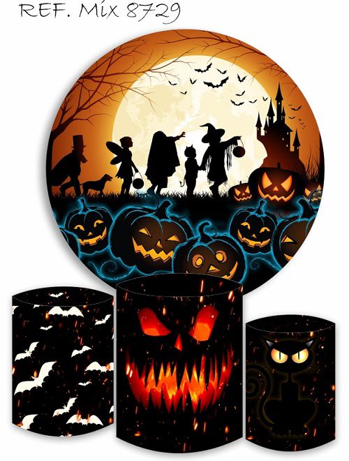 Painel Redondo Sublimado Halloween + Trio de Cilindros Veste Fácil