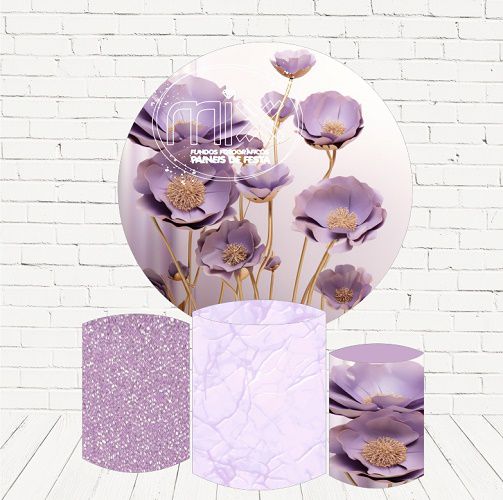 Painel Redondo Sublimado Floral Lilás + Trio de Cilindros Veste Fácil