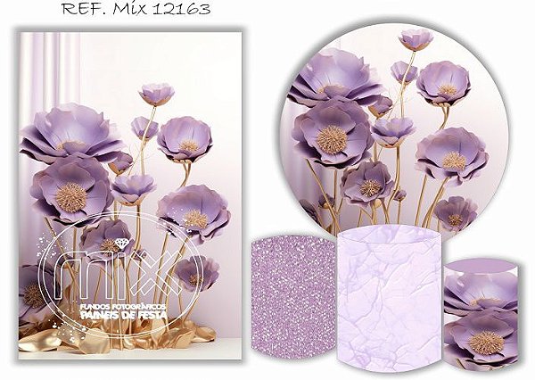 Painel Redondo Sublimado Floral Lilás + Trio de Cilindros Veste Fácil + Painel Lateral