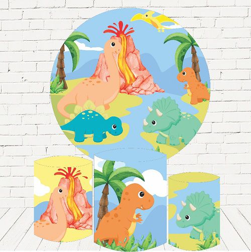 Painel Redondo Sublimado Dino Baby + Trio de Cilindros Veste Fácil