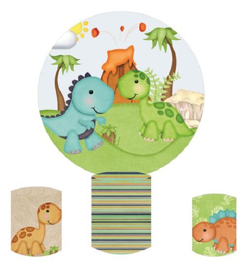 Painel Redondo Sublimado Dino Baby + Trio de Cilindros Veste Fácil