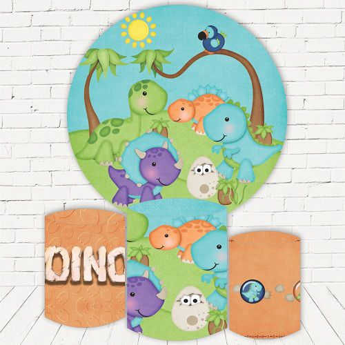 Painel Redondo Sublimado Dino Baby + Trio de Cilindros Veste Fácil