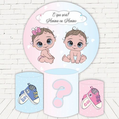 Painel Redondo Sublimado Chá Revelação + Trio de Cilindros Veste Fácil