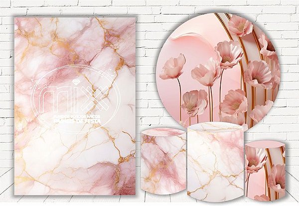 Painel Redondo Sublimado Floral Rosa + Trio de Cilindros Veste Fácil + Painel Lateral