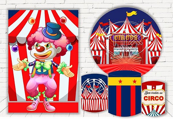 Painel Redondo Sublimado Circo + Trio de Cilindros Veste Fácil + Painel Lateral
