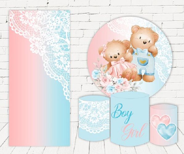 Painel Redondo Sublimado Chá Revelação + Trio de Cilindros Veste Fácil + Painel Lateral