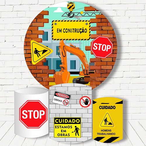 Painel Redondo Sublimado Construção + Trio de Cilindros Veste Fácil
