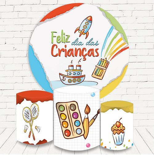 Painel Redondo Sublimado Dia das Crianças + Trio de Cilindros Veste Fácil