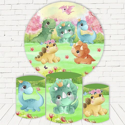 Painel Redondo Sublimado Dino Baby + Trio de Cilindros Veste Fácil