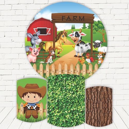 Painel Redondo Sublimado Fazendinha + Trio de Cilindros Veste Fácil