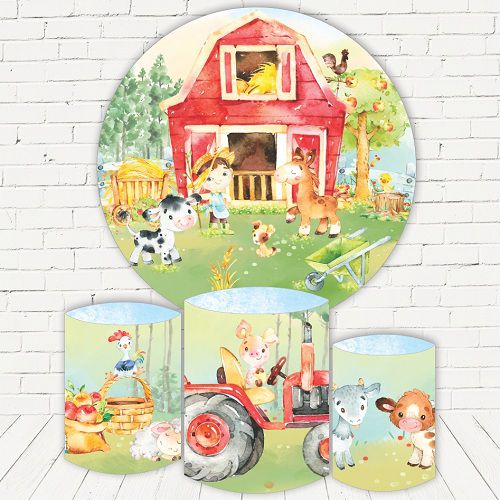 Painel Redondo Sublimado Fazendinha + Trio de Cilindros Veste Fácil