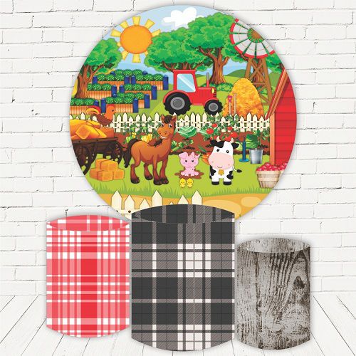 Painel Redondo Sublimado Fazendinha + Trio de Cilindros Veste Fácil