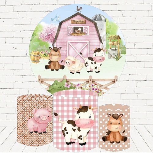 Painel Redondo Sublimado Fazendinha Rosa + Trio de Cilindros Veste Fácil