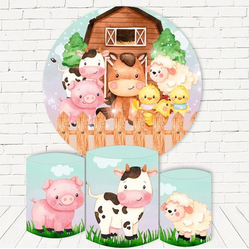 Painel Redondo Sublimado Fazendinha Rosa + Trio de Cilindros Veste Fácil