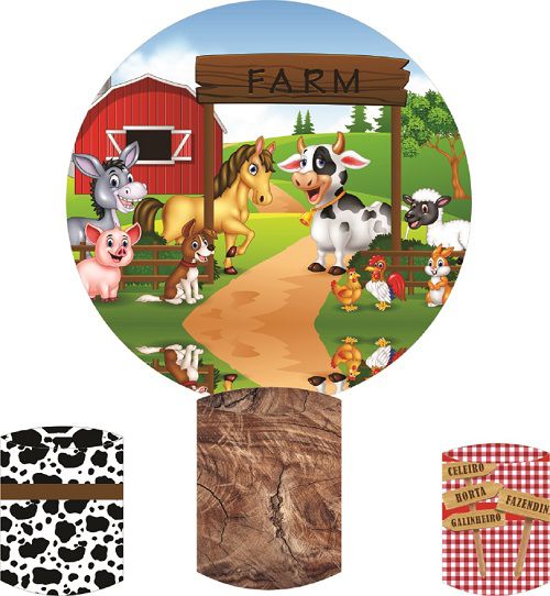 Painel Redondo Sublimado Fazendinha + Trio de Cilindros Veste Fácil