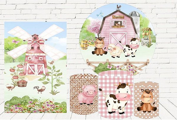 Painel Redondo Sublimado Fazendinha Rosa + Trio de Cilindros Veste Fácil + Painel Lateral