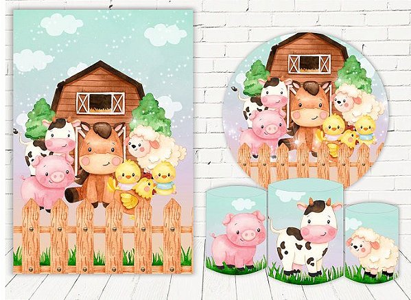 Painel Redondo Sublimado Fazendinha Rosa + Trio de Cilindros Veste Fácil + Painel Lateral