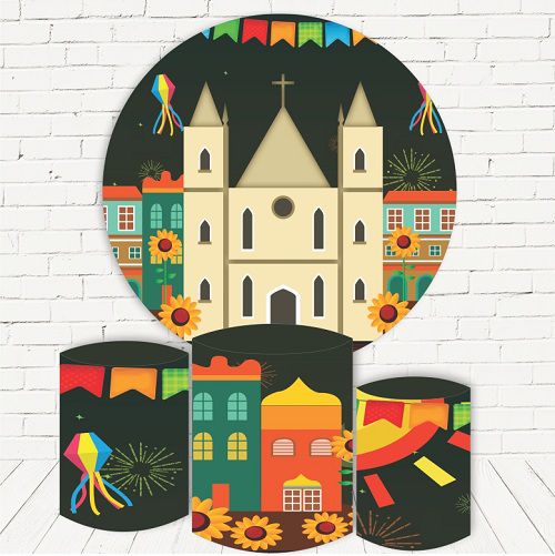 Painel Redondo Sublimado Festa Junina + Trio de Cilindros Veste Fácil