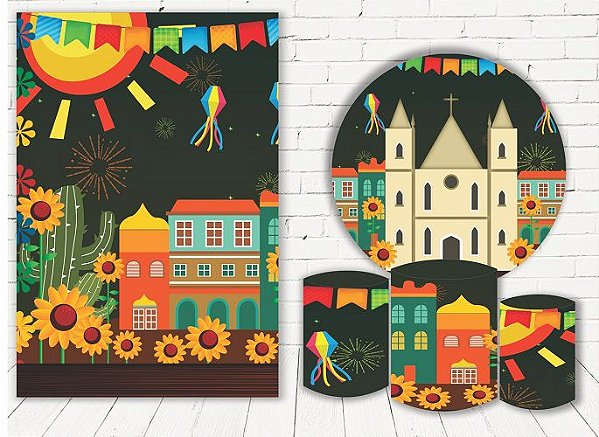 Painel Redondo Sublimado Festa Junina + Trio de Cilindros Veste Fácil + Painel Lateral