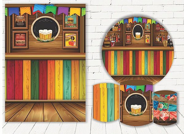 Painel Redondo Sublimado Festa Junina + Trio de Cilindros Veste Fácil + Painel Lateral