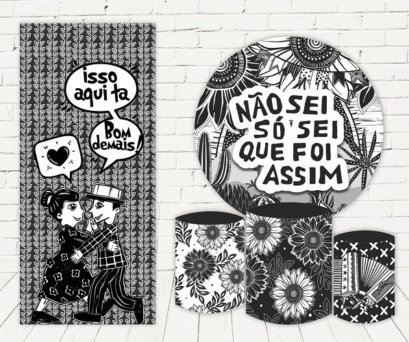 Painel Redondo Sublimado Festa Junina Cordel + Trio de Cilindros Veste Fácil + Painel Lateral