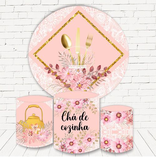 Painel Redondo Sublimado Chá De Cozinha+ Trio de Cilindros Veste Fácil
