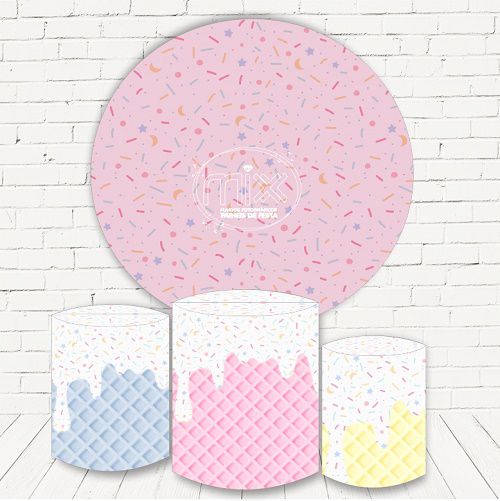 Painel Redondo Sublimado Doces + Trio de Cilindros Veste Fácil