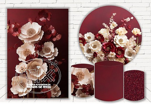 Painel Redondo Sublimado Floral + Trio de Cilindros Veste Fácil + Painel Lateral