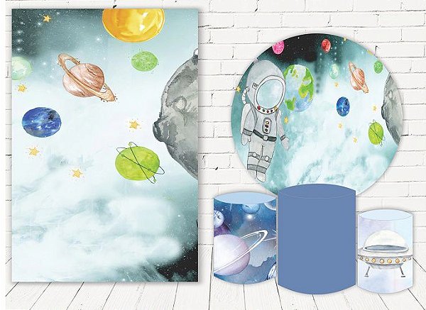 Painel Redondo Sublimado Astronauta + Trio de Cilindros Veste Fácil + Painel Lateral