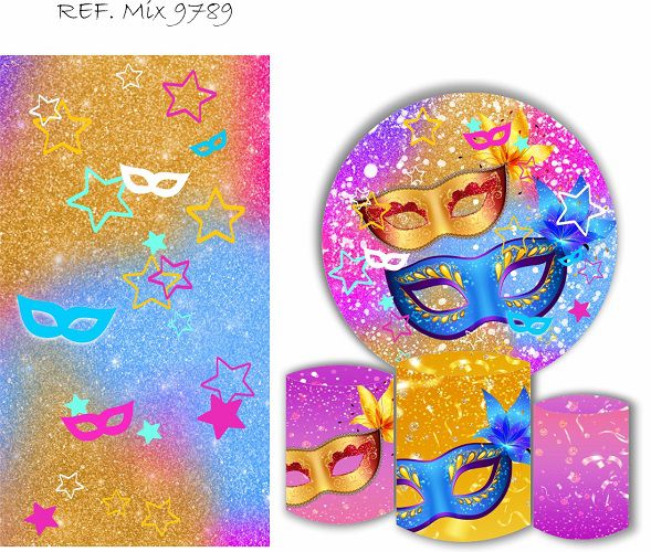 Painel Redondo Sublimado Carnaval + Trio de Cilindros Veste Fácil + Painel Lateral