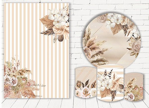 Painel Redondo Sublimado Boho + Trio de Cilindros Veste Fácil + Painel Lateral