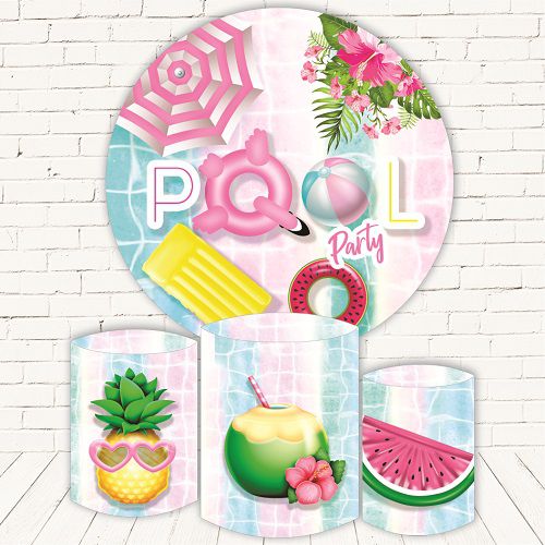Painel Redondo Sublimado Pool Party + Trio de Cilindros Veste Fácil