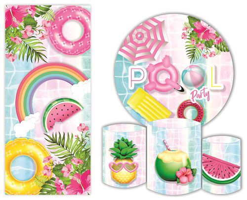 Painel Redondo Sublimado Pool Party + Trio de Cilindros Veste Fácil + Painel Lateral