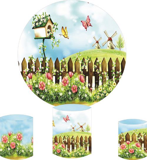 Painel Redondo Sublimado Jardim + Trio de Cilindros Veste Fácil