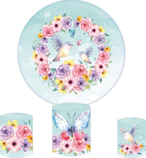 Painel Redondo Sublimado Floral + Trio de Cilindros Veste Fácil