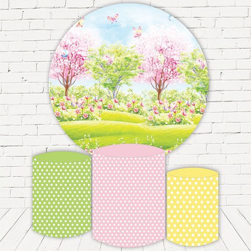 Painel Redondo Sublimado Jardim + Trio de Cilindros Veste Fácil