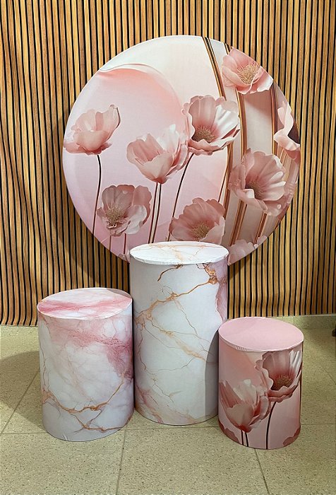 Painel Redondo Sublimado Floral Rosa + Trio de Cilindros Veste Fácil