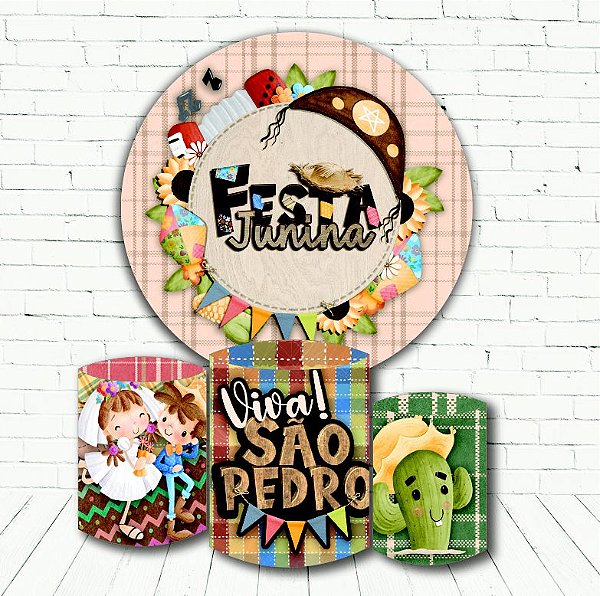 Painel Redondo Sublimado Festa Junina + Trio de Cilindros Veste Fácil