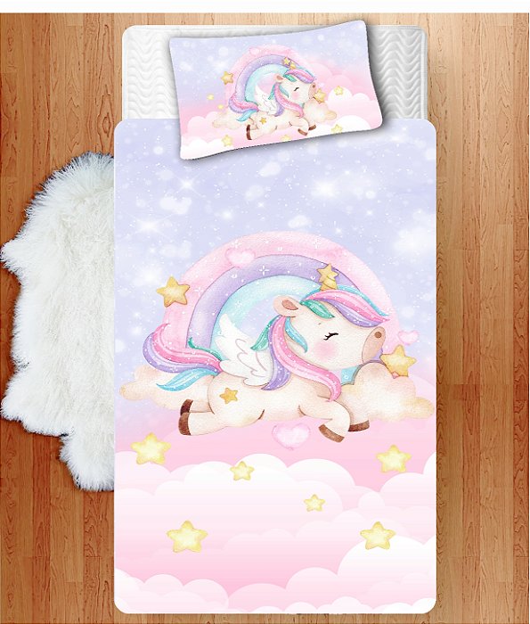 Jogo Lençol Cobre Leito + Fronha Quarto Infantil Unicornio