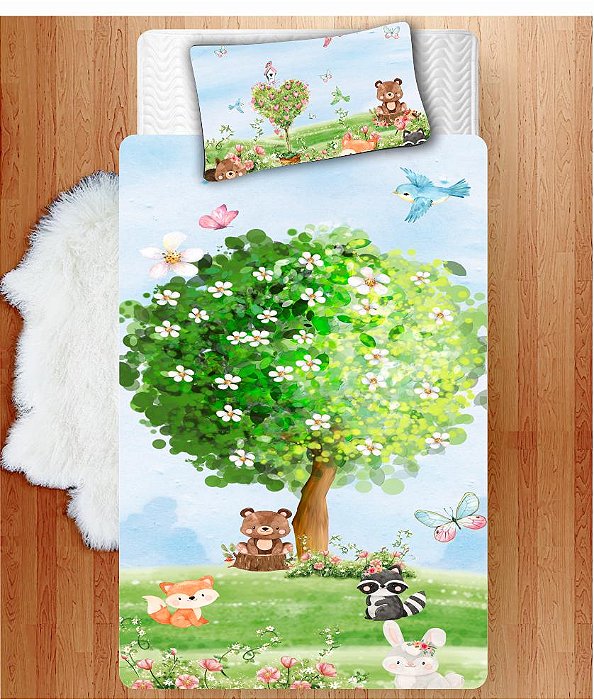 Jogo Lençol Cobre Leito + Fronha Quarto Infantil Jardim