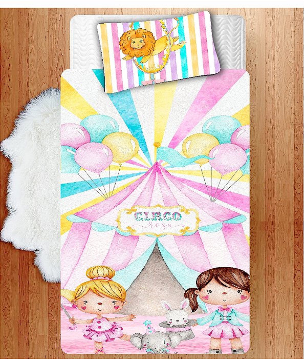 Jogo Lençol Cobre Leito + Fronha Quarto Infantil Circo Rosa