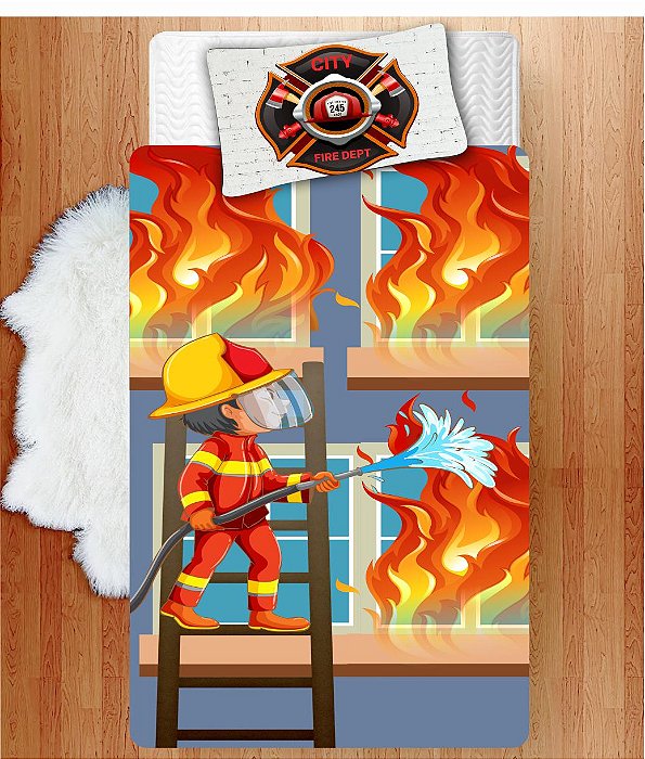 Jogo Lençol Cobre Leito + Fronha Quarto Infantil Bombeiro