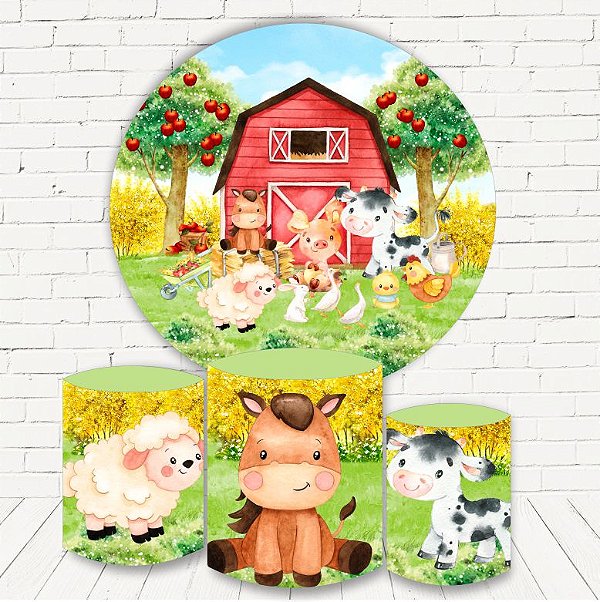 Painel Redondo Sublimado Fazendinha + Trio de Cilindros Veste Fácil